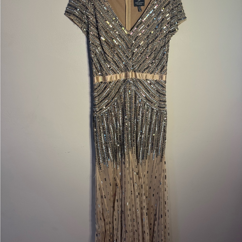 Adrianna Papell Champagne Beaded V-Neck Gown